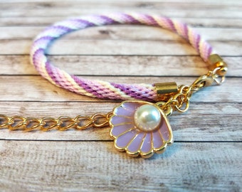 Woven purple twist kumihimo bracelet with enamel shell charm for her | Stackable friendship bracelet with purple perl shell for girl