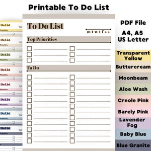 Printable To-Do List in 9 trendy colors | Daily, weekly PDF task checklist | Print at home ADHD organizers and task list