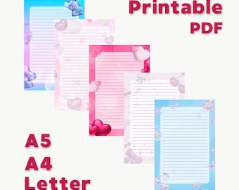 Printable romantic note pages for girls | A4, A5 and US Letter size print at home PDF files | Set of digital lined paper with hearts