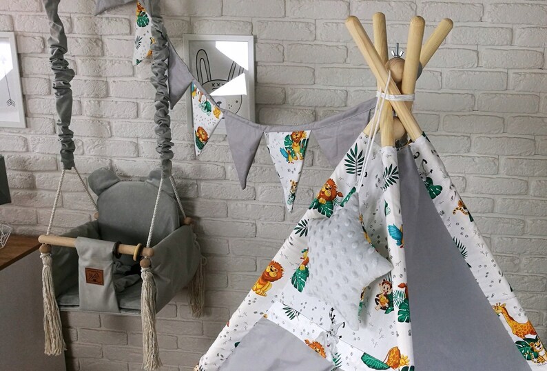 TEEPEE TENT WITH mat 4 animal cushion pillows a star pendant indoor/outdoor image 9