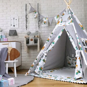 TEEPEE TENT WITH mat 4 animal cushion pillows a star pendant indoor/outdoor image 2