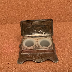 Vintage Dragon Scribe Inkwell with Milk Glass Wells