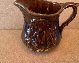 Antique Bennington Pottery Pitcher, Attributed to Branford Pottery, Hunter, Man, Dog. 6 1/2 inches high