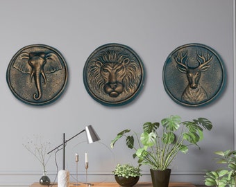 Arte mural con caras de animales en 3D (relieve de resina, juego de 3)