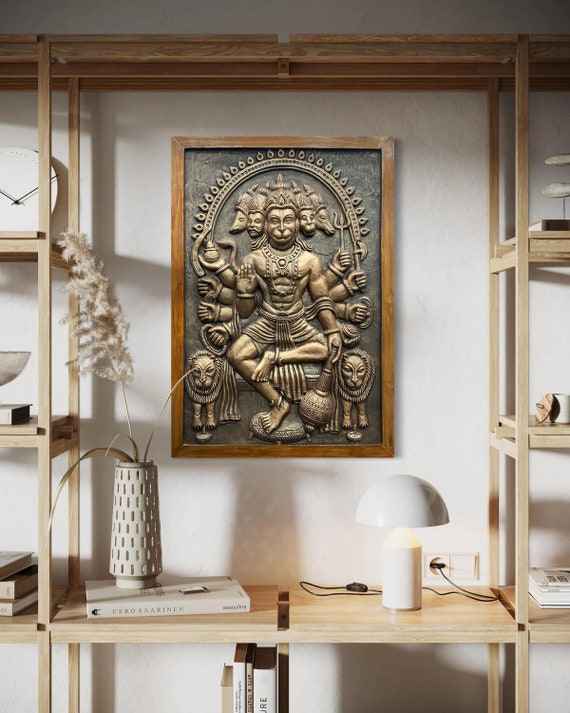 Handmade Panchmukhi Hanuman Relief Mural – Golden Bronze Resin