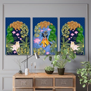 INDIAN COLOURFUL PICHWAI Wall Painting (Set of 3)| Bohemian Wall Decor for Living room & Bedroom | High Quality Giclee Print | Ready to hang