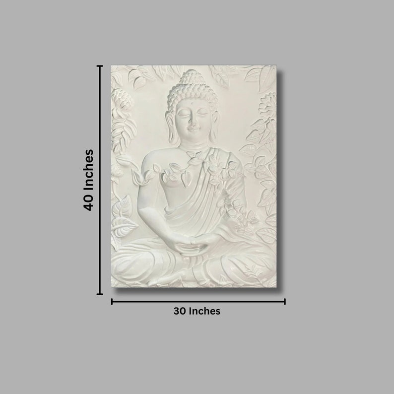 May include: White 3D wall art sculpture of a meditating Buddha, 30 inches wide and 40 inches tall. The sculpture is detailed with floral designs and a serene expression on the Buddha's face.
