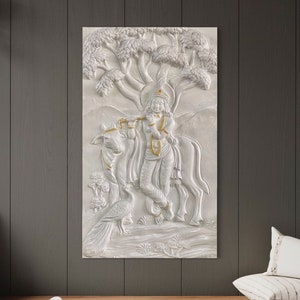 Pristine White Lord Krishna with cows 3D Relief Mural Wall Art | Ready to hang