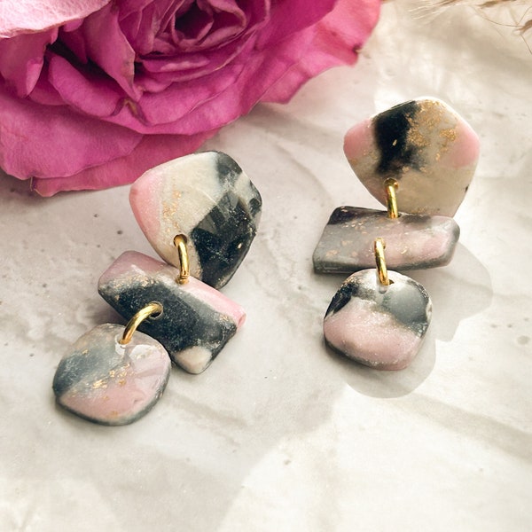 Black pink and stone coloured earrings, Resin coated abstract jewelry, Gift for BFF, Lightweight, Unique style, Event accessory