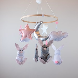 Pink bunnies baby crib nursery mobile - Bunnies mobile - Crib mobile - Cot mobile - Hanging mobile - Pink Nursery - Nursery Decor - Rabbit