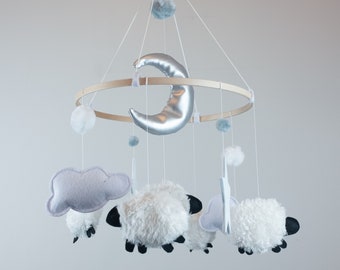 Fluffy sheep baby crib nursery mobile - Sheep mobile - Crib mobile - Cot mobile - Hanging mobile - Neutral Nursery - Nursery Decor - Sheep