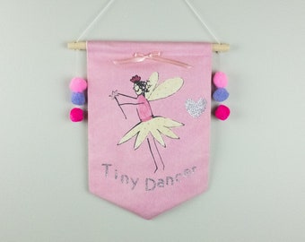 Tiny Dancer Fairy Flag, Nursery Decor, New Baby Gift, Wall Banner Flag, Pennant Room Decor, Baby Girl, Pink Glitter Wall Banner Nursery