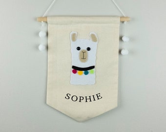 Personalised Felt Alpaca Flag, Nursery Decor, New Baby Gift, Wall Banner Flag, Pennant Room Decor