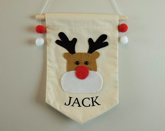 Personalised Felt Reindeer Christmas Flag, Nursery Decor, Christmas Gift, Wall Banner Flag, Pennant Room Decor, Christmas Decoration