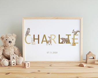 Personalised name nursery print - woodland animal theme - nursery decor wall art