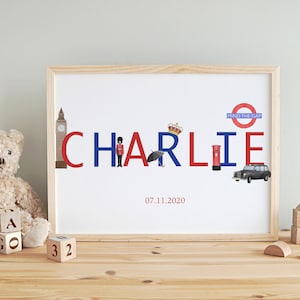 Personalised name nursery print London theme nursery decor wall art image 1