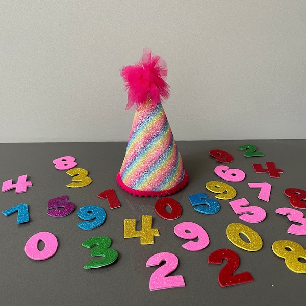 Dog Birthday Party Hat-20 adhesive gold numbers included-Celebrate a Happy Birthday-Rainbow Stripe