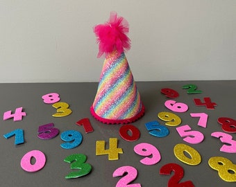 Dog Birthday Party Hat-20 adhesive gold numbers included-Celebrate a Happy Birthday-Rainbow Stripe