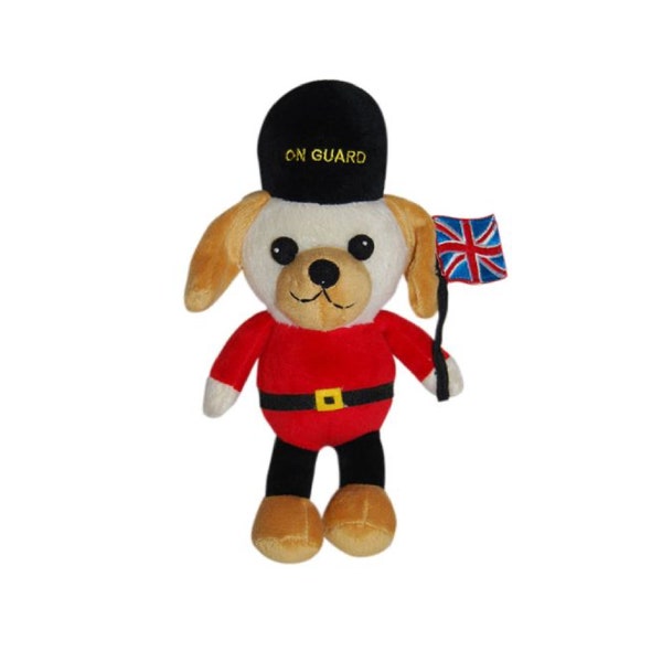 UK Royal British Guard Dog Plush toy holding Union Jack flag-squeaker inside!