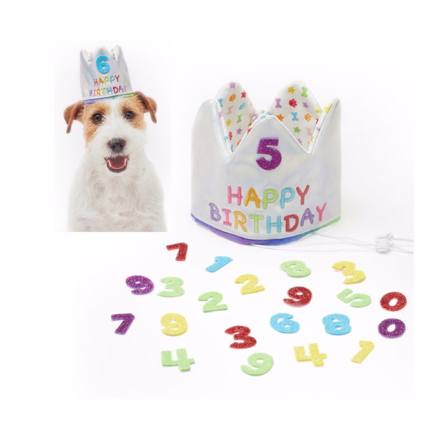 Custom Reversible Crown Happy Birthday Hat for Dog & Cat-Add Any Age-Glitter Numbers-20 numbers included-fully reversible too-gift bday!