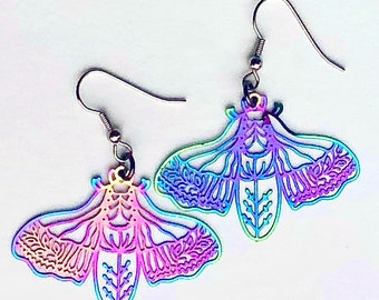 Oilslick moth earring, dangle moth earring, insect earring, moth, dangle earring, iridescent