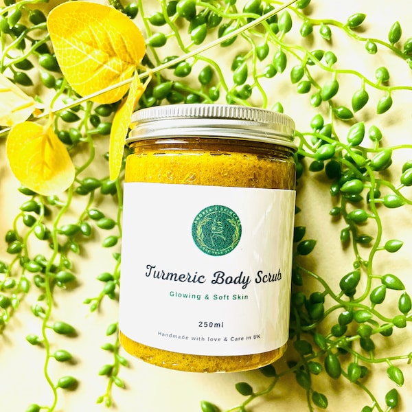 Turmeric body scrub, glowing skin, emulsified sugar scrub, body scrub exfoliating for face, body, creamy moisturising scrub