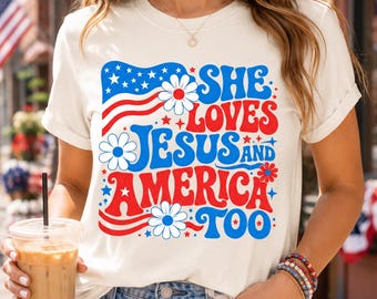 Sie liebt Jesus und Amerika auch Shirt, 4. Juli Glaube Shirt, USA Flagge Blumen Geschenk für Frauen
