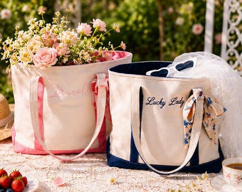Custom Tote Bag, Bridesmaid Gift,Beach Handbags, Embroidered Canvas Tote Bag, Custom Text Tote, Bachelorette Gifts, School Bag, Gift for Her