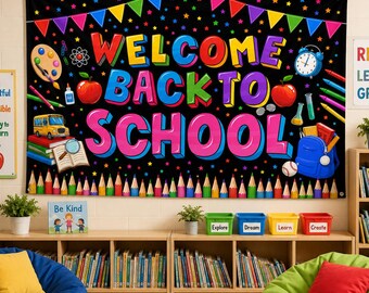 Willkommen zurück in der Schule Banner, buntes Klassenzimmer Dekor, Lehrer Bulletin Board Zeichen, Schulanfang Poster, druckbares Schulbanner