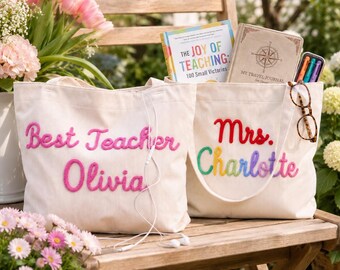 Personalized Corduroy Teacher Tote Bag, Back to School Tote, Teacher Appreciation Gift, Work Purse with Zipper