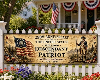 Personalisierte 250-Jahre-Jubiläumsbanner, benutzerdefinierter Name Nachkomme eines Patrioten, 1776 2026 USA patroitische Banner, Vintage Yard Schild
