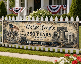 USA 250-jähriges Jubiläumsbanner, personalisierter benutzerdefinierter Familienname Amerika Semiquincentennial Zeichen, politsches Wir die Leute Dekor