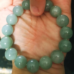Authentic 13.1mm Hand-Carved Grade A Burmese Jadeite Bracelet – Icy Apple Green & Blue Beads | Natural Untreated Jade Jewelry