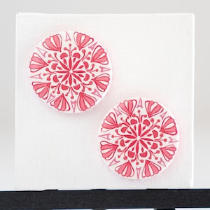 Pink and white hand painted mandala earrings. Hand crafted polymer clay.