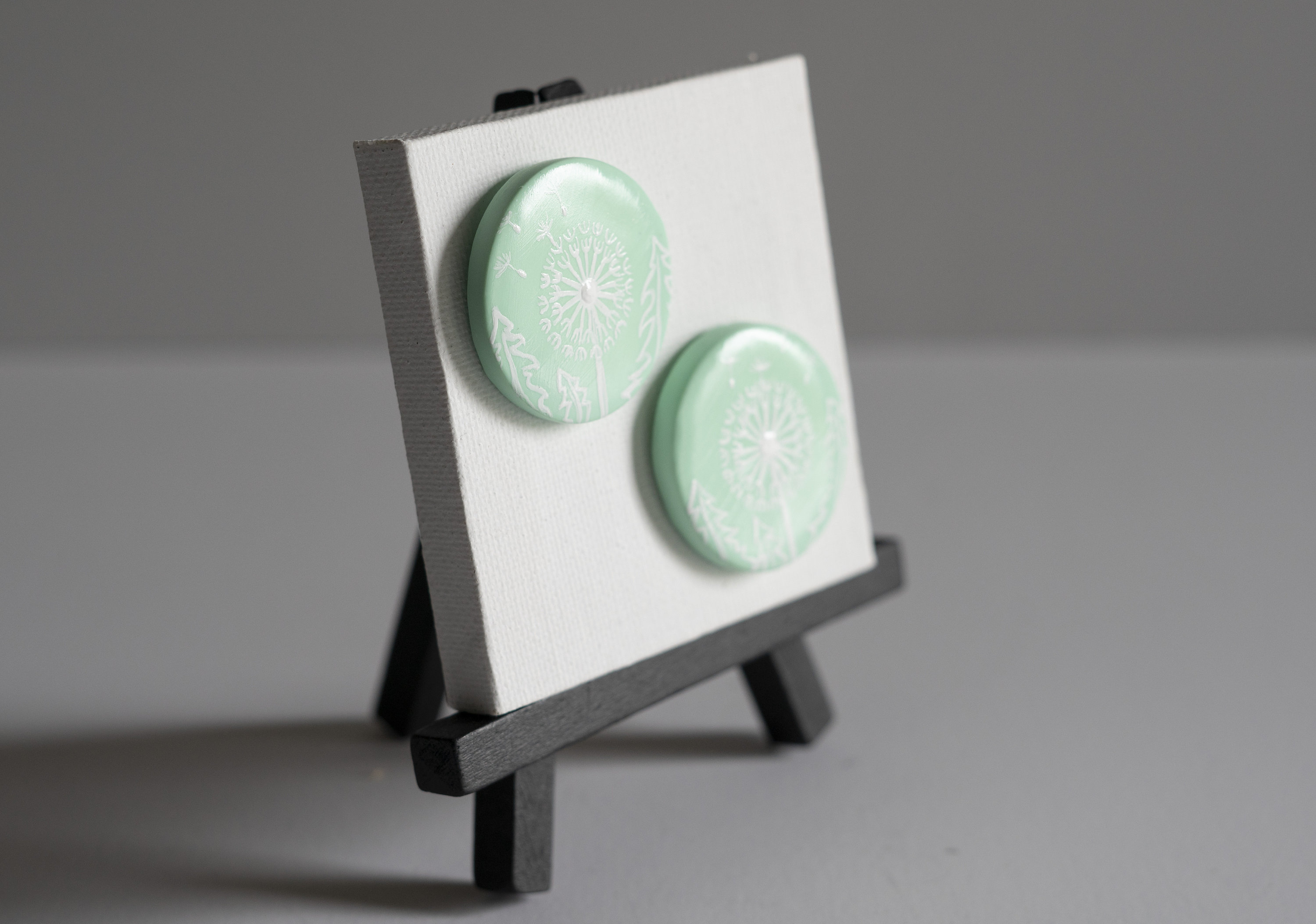 Hand Painted Mint Green Dandelion Medallion Earrings. Round Hand