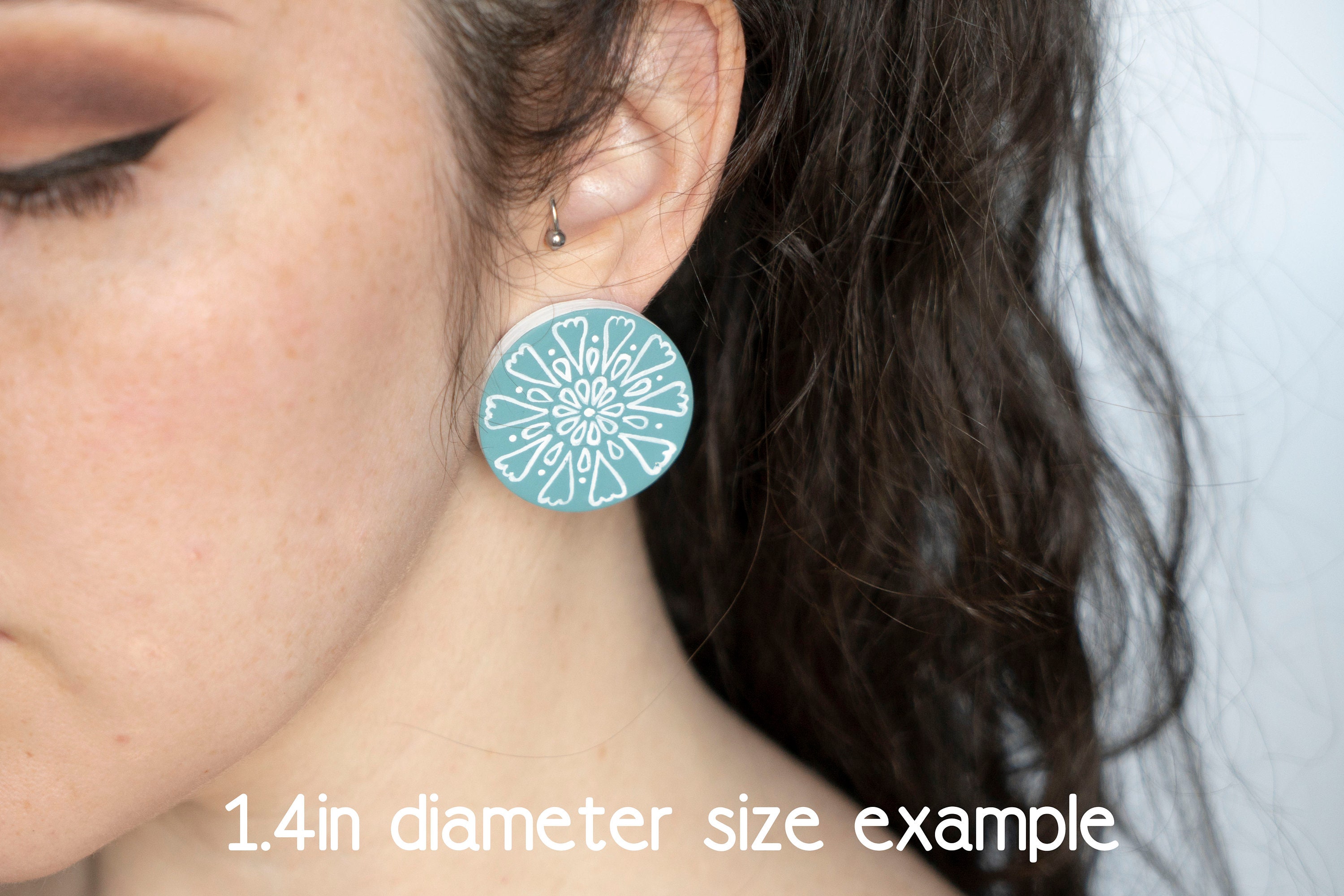 Hand Painted Mint Green Dandelion Medallion Earrings. Round Hand