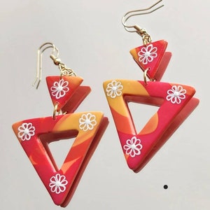 Handmade Clay Dangle Earrings; Pink, yellow, and orange triangle flower power