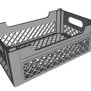 May include: A gray plastic crate with a diamond-shaped grid pattern. The crate has a handle on the side and is empty.