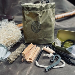 Campcraft Fire Kit with Flint & Steel, Ferro Rod, and more Bushcraft Fire Kit, Survival Kit, Bug Out Bag, Waxed Canvas Tinder Bag image 1