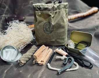 Campcraft Fire Kit with Flint & Steel, Ferro Rod, and more- Bushcraft Fire Kit, Survival Kit, Bug Out Bag, Waxed Canvas Tinder Bag