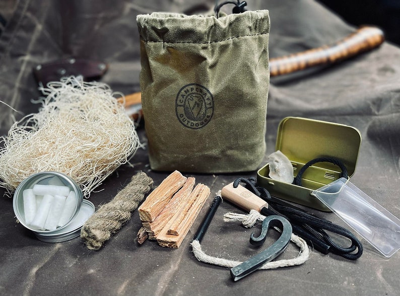 Campcraft Fire Kit with Flint & Steel, Ferro Rod, and more Bushcraft Fire Kit, Survival Kit, Bug Out Bag, Waxed Canvas Tinder Bag image 1