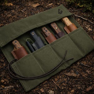 May include: An olive green canvas knife roll with several knives in brown leather sheaths. The knives have wooden handles and are arranged in a roll-up style. The roll is secured with a brown leather cord.