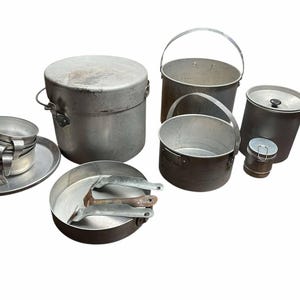 Vintage Aluminum Camp Cookset: BSA Squad Kit with Canvas Bag