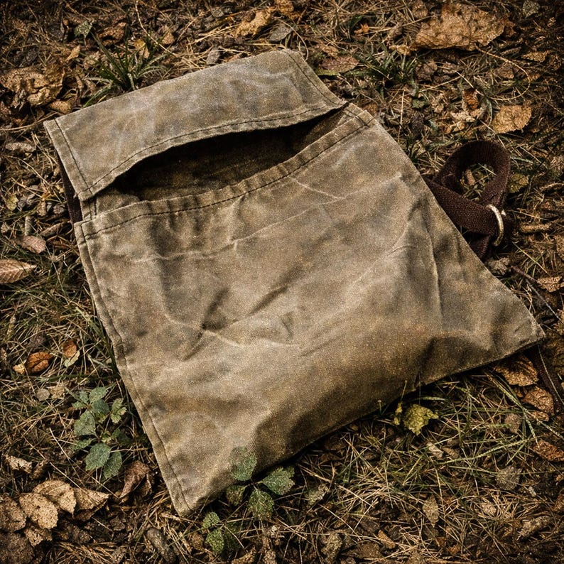 May include: A brown waxed canvas messenger bag featuring a rectangular flap closure, a main compartment, and a dark brown adjustable strap with a metal buckle. The fabric displays a weathered, creased texture throughout the exterior surface.