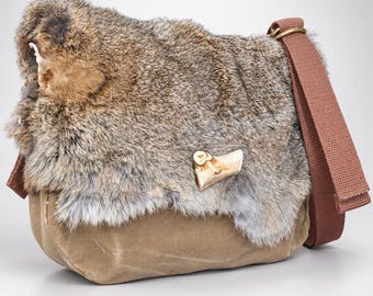 Waxed Canvas Satchel with Faux Fur Flap | Bushcraft Shoulder Bag