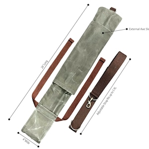 May include: A gray canvas axe sheath with a brown adjustable strap and an external axe sleeve. The sheath is 26 inches long and 4 inches wide.