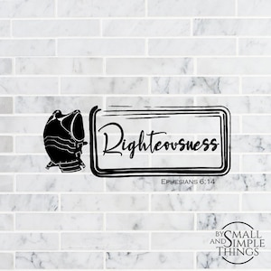 Puede incluir: Ilustración en blanco y negro de una persona con armadura con la palabra "Righteousness" en un marco negro. El texto "Efesios 6:14" está debajo del marco. El texto "By Small and Simple Things" está en la parte inferior de la imagen.