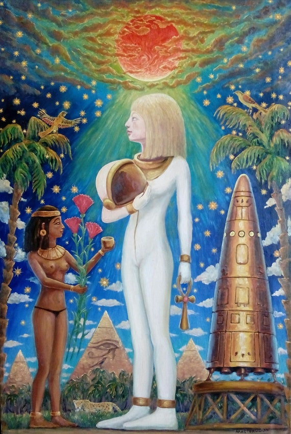 Original oil painting egyptian pyramids anunnaki gods ancient aliens astronaut space girl rocket sci fi ufo egypt