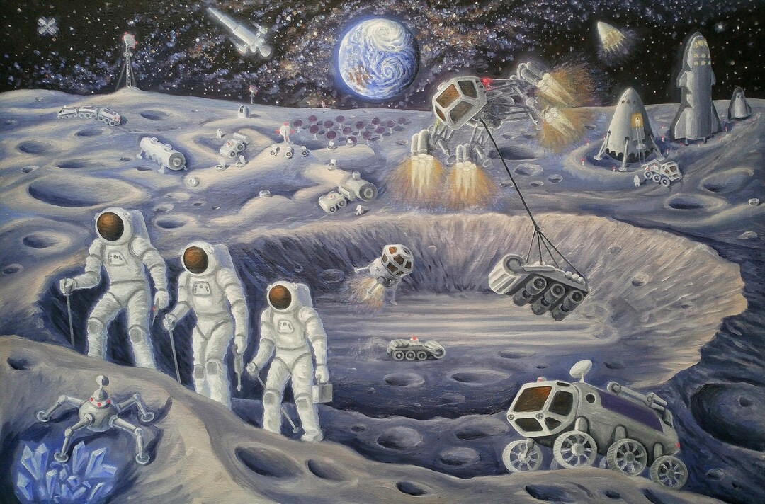 Astronauts on the Moon Original Oil Painting Sci Fi Space Art - Etsy