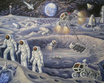 Astronauts on the moon original oil painting sci fi  space art